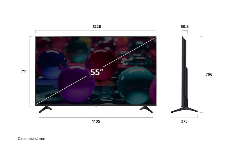 Vy framifrån och från sidan av LG UHD AI UA73 4K Smart TV som visar dess längd, bredd, höjd och djupdimensioner.