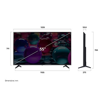 Vy framifrån och från sidan av LG UHD AI UA73 4K Smart TV som visar dess längd, bredd, höjd och djupdimensioner.