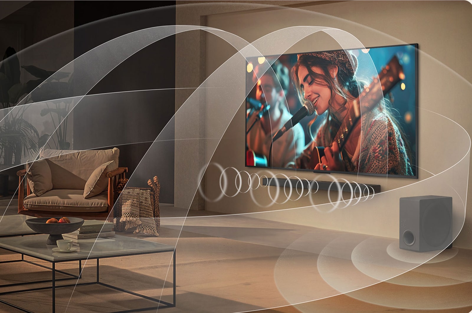 Sci-fi-innehåll spelas upp på en LG TV-skärm. På skärmen syns AI Chatbot-gränssnittet. Användaren skickade ett meddelande till chatboten och sade att skärmen är för mörk. Chatboten erbjöd lösningar på begäran. Hela scenen är även delad itu. Den ena sidan är mörkare, den andra sidan är ljusare, vilket visar hur AI Chatbot löste problemet för användaren automatiskt. Text förklarar hur Al Chatbot kan förstå användarens avsikt och tillhandahålla lösningar för felsökning.