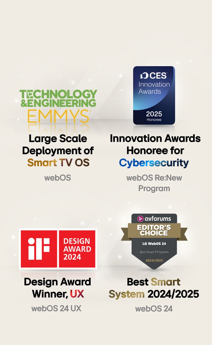 Priser LG webOS har mottagit. Storskalig distribution av Smart TV OS 72:a Technology & Engineering Emmy® Awards. Innovation Awards Honoree for Cybersecurity, CES Innovation Awards 2025. Design Award-vinnare, UX iF Design Award 2024. Best Smart System 2024/2025 AV Forums Editor's Choice.