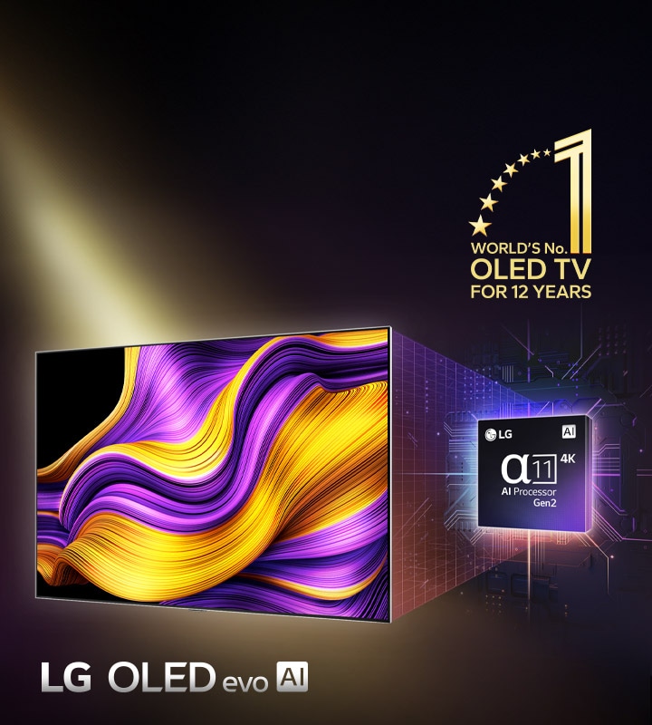LG OLED TV med ett färgglatt abstrakt konstverk på skärmen. Alpha 11 AI Processor Gen2 visas bakom den. Starkt ljus strålar ut från processorn och TV:n och visar upp dess avancerade teknik. Emblemet ”Världens främsta OLED TV i 12 år” visas också.