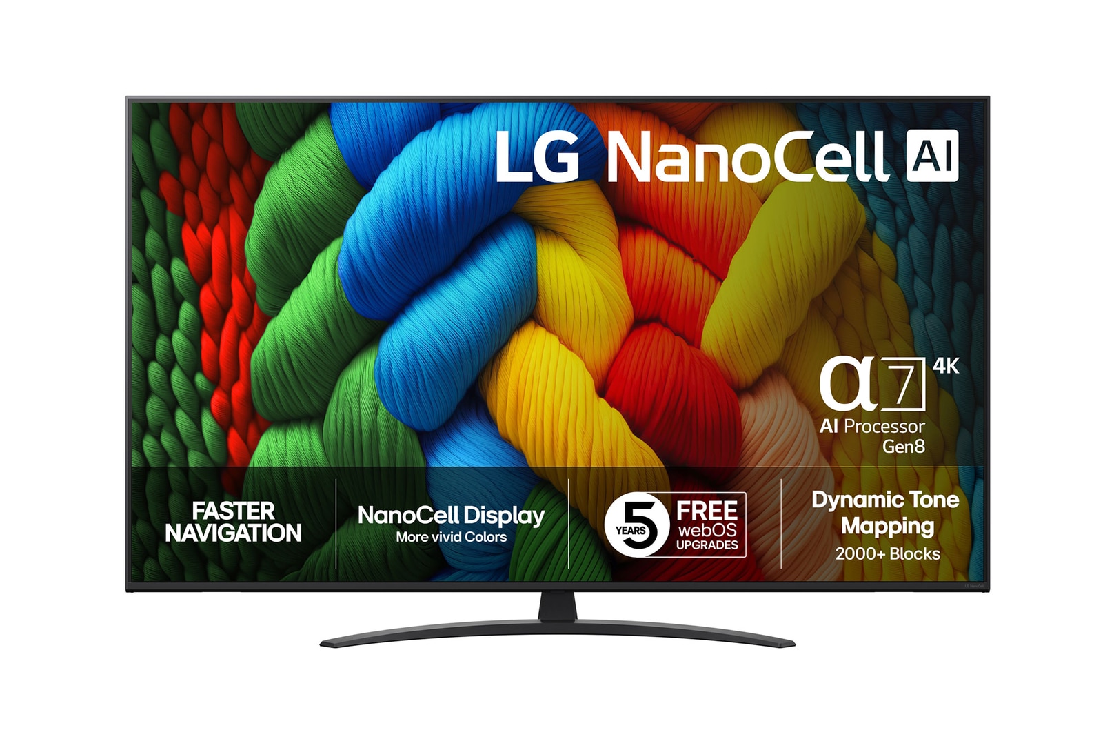 Vy framifrån av NanoCell TV, LG NanoCell Al-logotyp i det övre hörnet. LG NanoCell NANO80 TV visar färgglada målarfärgtexturer som möts.