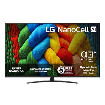 Vy framifrån av NanoCell TV, LG NanoCell Al-logotyp i det övre hörnet. LG NanoCell NANO80 TV visar färgglada målarfärgtexturer som möts.
