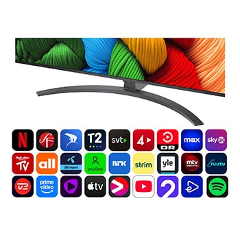 Vy framifrån och från sidan av LG NanoCell NANO80 AI 4K Smart TV som visar dess längd, bredd, höjd och djupdimensioner.