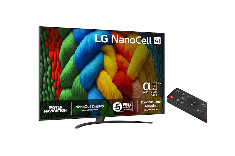 Vy bakifrån av LG NanoCell NANO80 TV.