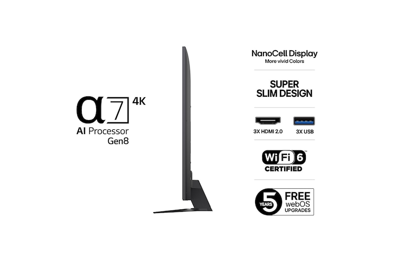 Vy från vänster av LG NanoCell NANO80 TV.