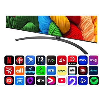 Vy framifrån och från sidan av LG NanoCell NANO80 AI 4K Smart TV som visar dess längd, bredd, höjd och djupdimensioner.