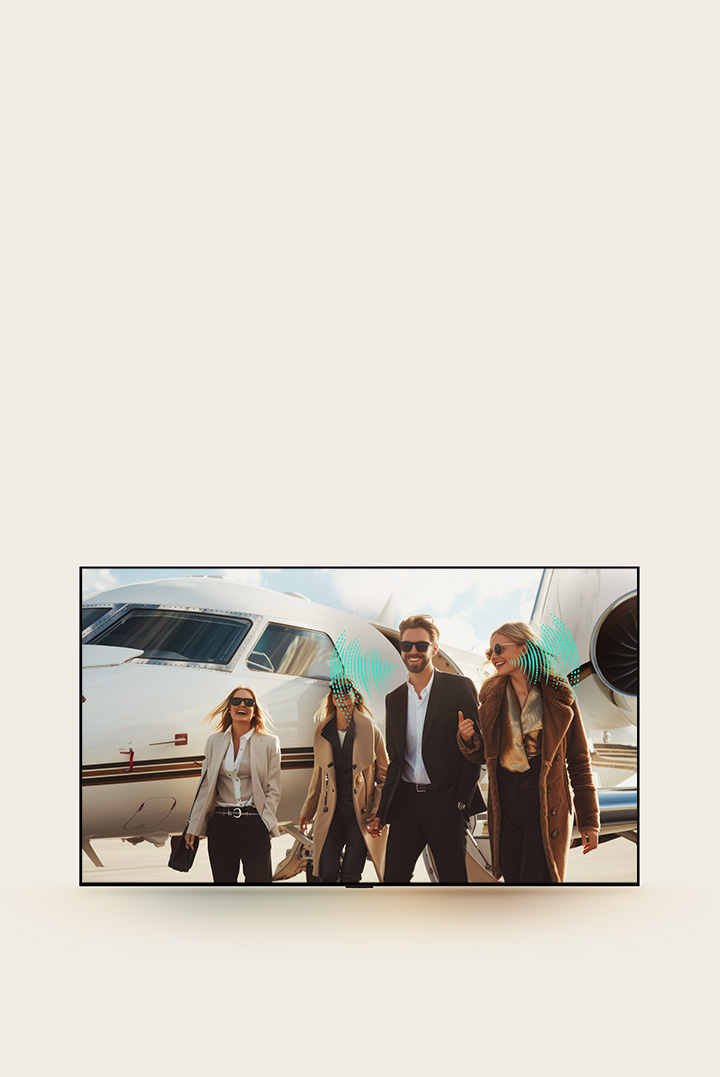 En livlig gata fylld med människor. Ett par går och pratar. Ett par gatumusiker spelar gitarr. Abstrakta ljudvågor kommer från gitarrspelarna och paret som representerar hur varje ljudelement kan höras tydligt med AI Object Remastering.