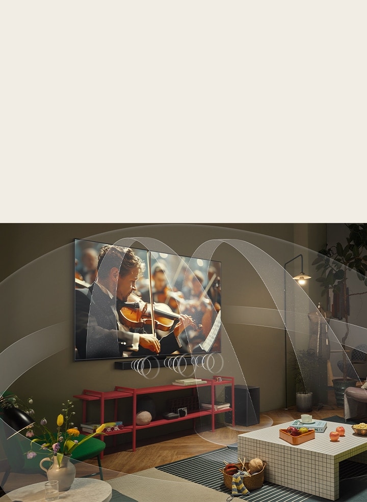 Vardagsrum med en LG OLED TV och en LG Soundbar med grafik som representerar hur båda enheterna fyller utrymmet med multi-surroundljud.