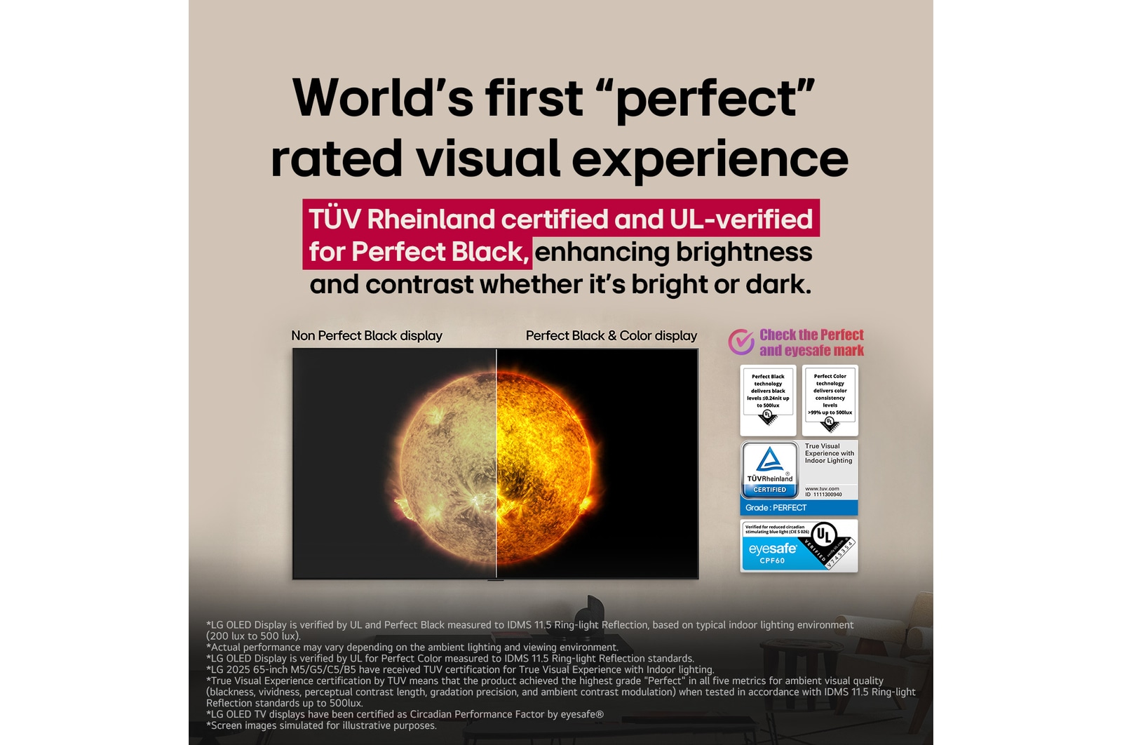 LG OLED TV som visar en visuell jämförelse mellan en skärm med Perfect Color och Perfect Black och en utan. UL-, TÜV- och eyesafe-certifieringar visas med text som uppmanar att kontrollera märkena.