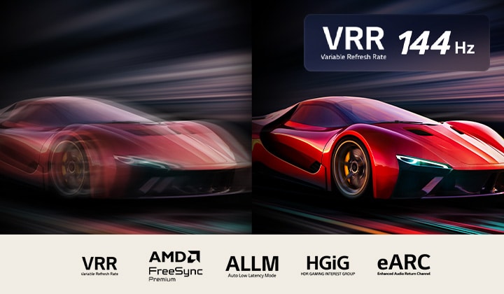 Två bilder av en bil i ett spel sida vid sida. En visar mycket rörelseoskärpa. Den andra är skarp och i fokus och visar den höga bildfrekvensen hos en LG QNED TV. VRR-logotyp och en 144Hz-logotyp syns i det övre högra hörnet.