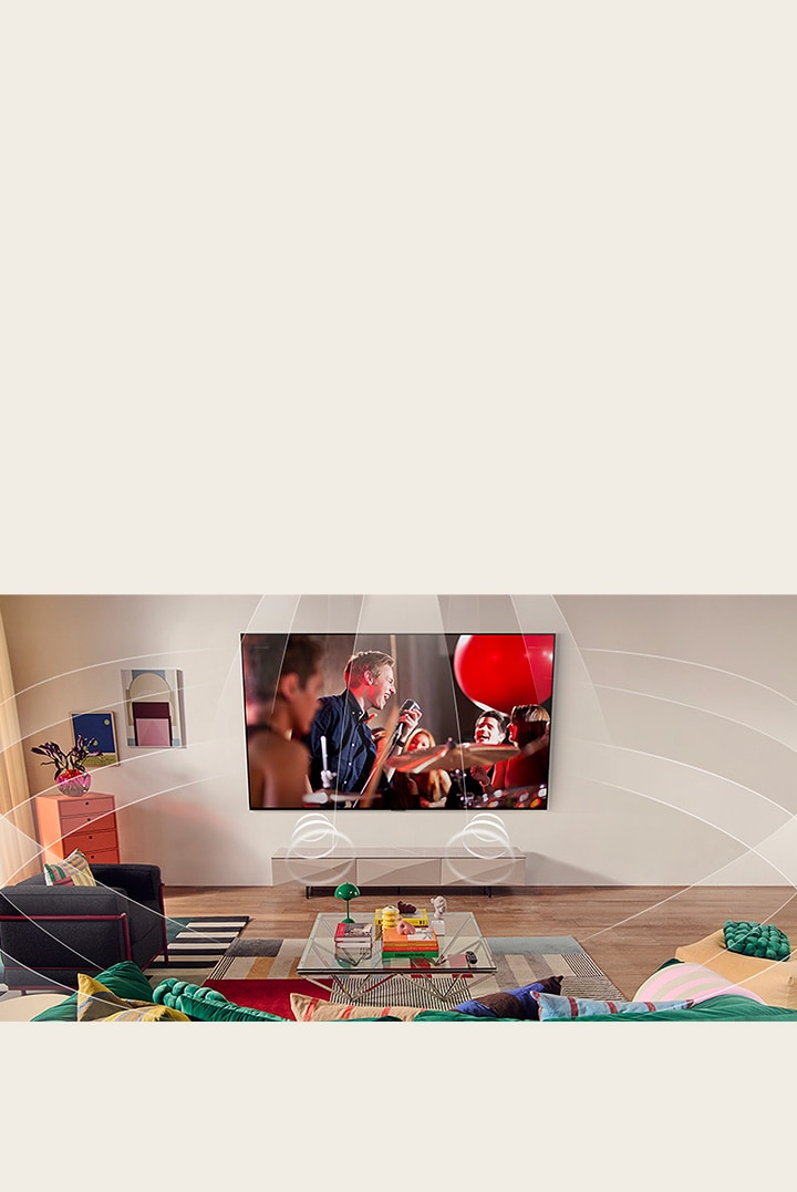 Vardagsrum med en väggmonterad LG TV. Ljudvågor representeras grafiskt för att fylla utrymmet och visar hur virtuella 9.1.2-kanaler skapar en surroundljudsupplevelse för användaren.