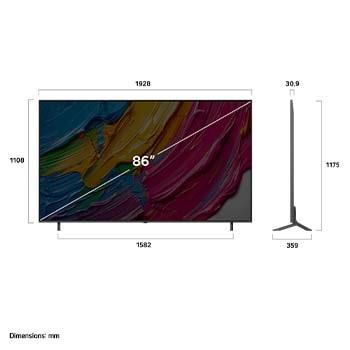 Front view and side view of LG QNED AI QNED80 4K Smart TV showing its length, width, height, and depth dimensions.