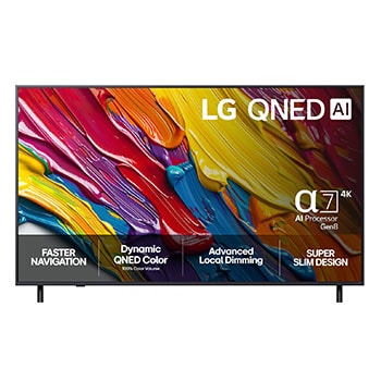 Vy framifrån av LG QNED82 TV, LG QNED Al-logotyp i det övre hörnet. LG QNED TV visar färgglada målarfärgtexturer som möts.