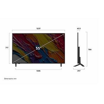 Vy framifrån och från sidan av LG QNED82 AI 4K Smart TV som visar dess längd, bredd, höjd och djupdimensioner.