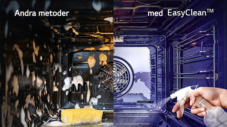 Som en delad bild visar den vänstra bilden insidan av den bubbeliga ugnen och den högra bilden visar ånga som kommer ut ur insidan av ugnen.