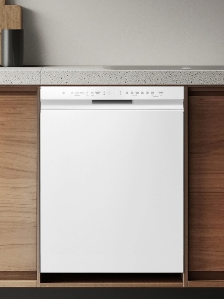 Livsstilsbild av en inbyggd diskmaskin installerad i ett kök med trädesign.