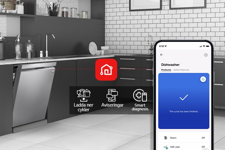 En smartphone visar LG ThinQ™ i ett kök tillsammans med 3 appfunktioner: Ladda ner cykler, Aviseringar och Smart Diagnosis.