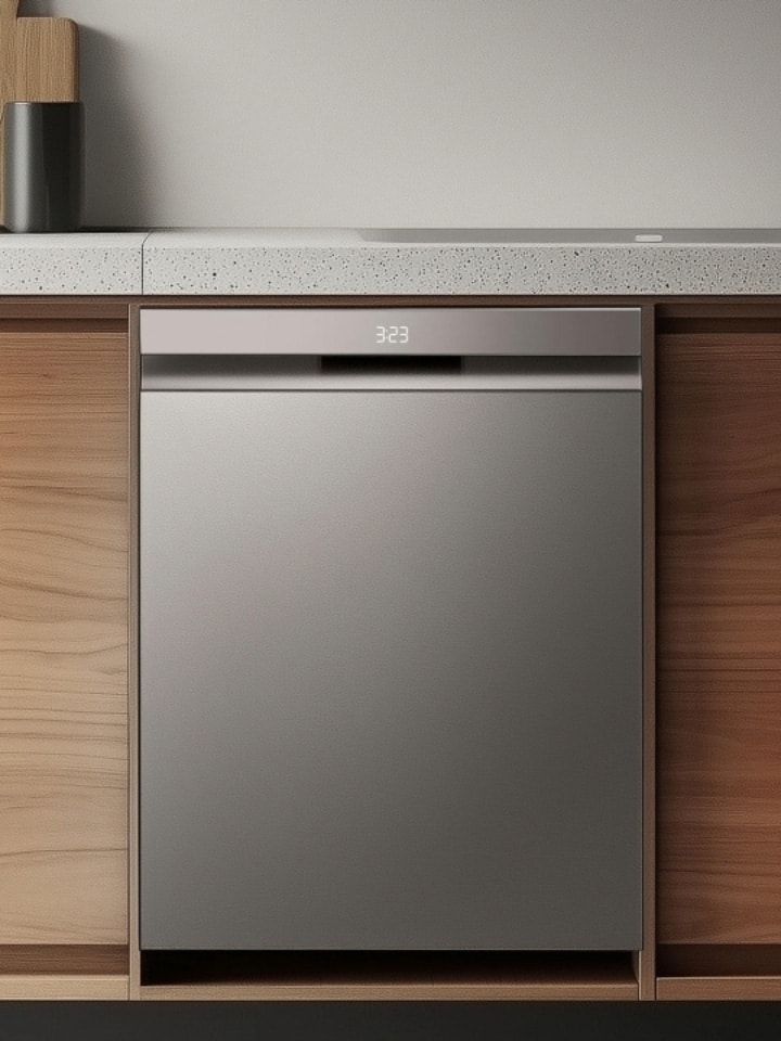 Livsstilsbild av en inbyggd diskmaskin installerad i ett kök med trädesign.