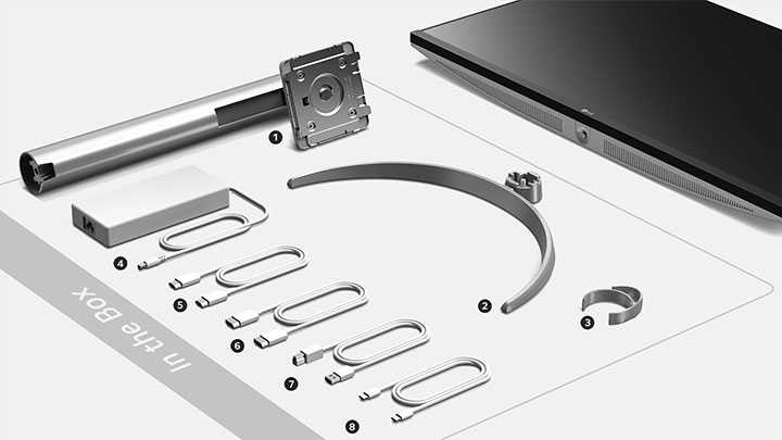 32UQ850V Vad finns i kartongen (1. Stativ 2. Stativfot 3. Kabelhållare 4. Strömadapter 5. HDMI-kabel 6. DP-kabel 7. USB A till B-kabel 8. USB C till C-kabel)