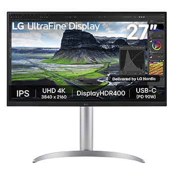 Vy framifrån av LG 27" UHD 4K IPS-skärm | kontrastförhållande på 2000:1 27UQ850V-W
