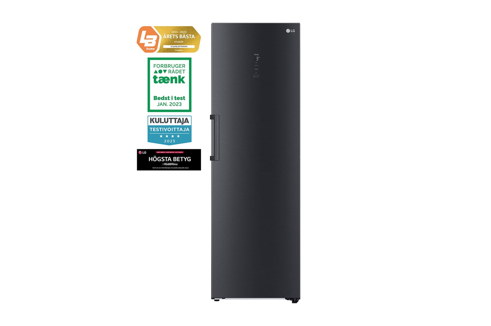 Vy framifrån av 386L Fristående kylskåp (Matte Black) - Energiklass D, Door Cooling™, LINEARCooling™, FRESHBalancer™, Smart Diagnosis™ med Wi-Fi, GLM71MCCSF