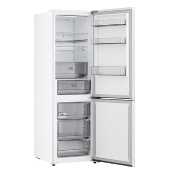 LG kyl/frys (GBBS726CPY) hylla markerad i blått med pilar upp och ner, höger bild visar en vikt hylla med två vattenflaskor