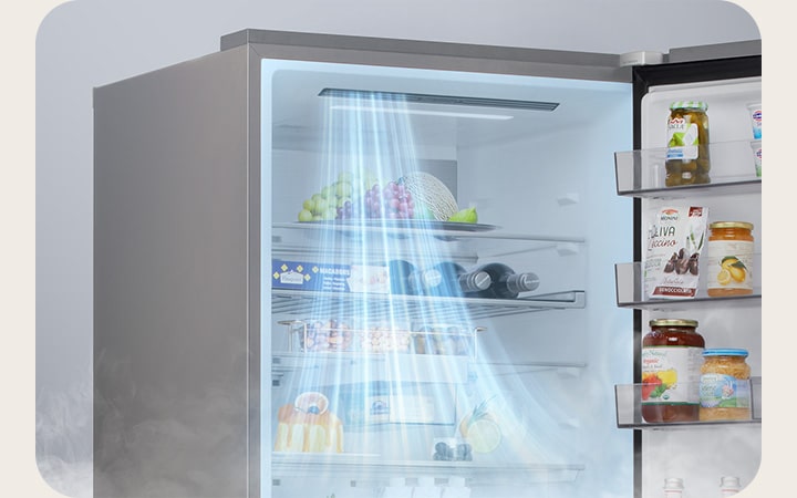 LG bottenfrys (GBBS322APY) öppen med ljusblått luftflöde från vänster ventil mot dörrkorgar som förvarar frukt, flaskor och behållare