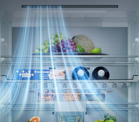 Interiörvy av LG bottenfrys (GBBS726CPY) med hyllor med frukt, grönsaker, drycker och snacks med blå luftflödeslinjer från vänster sida