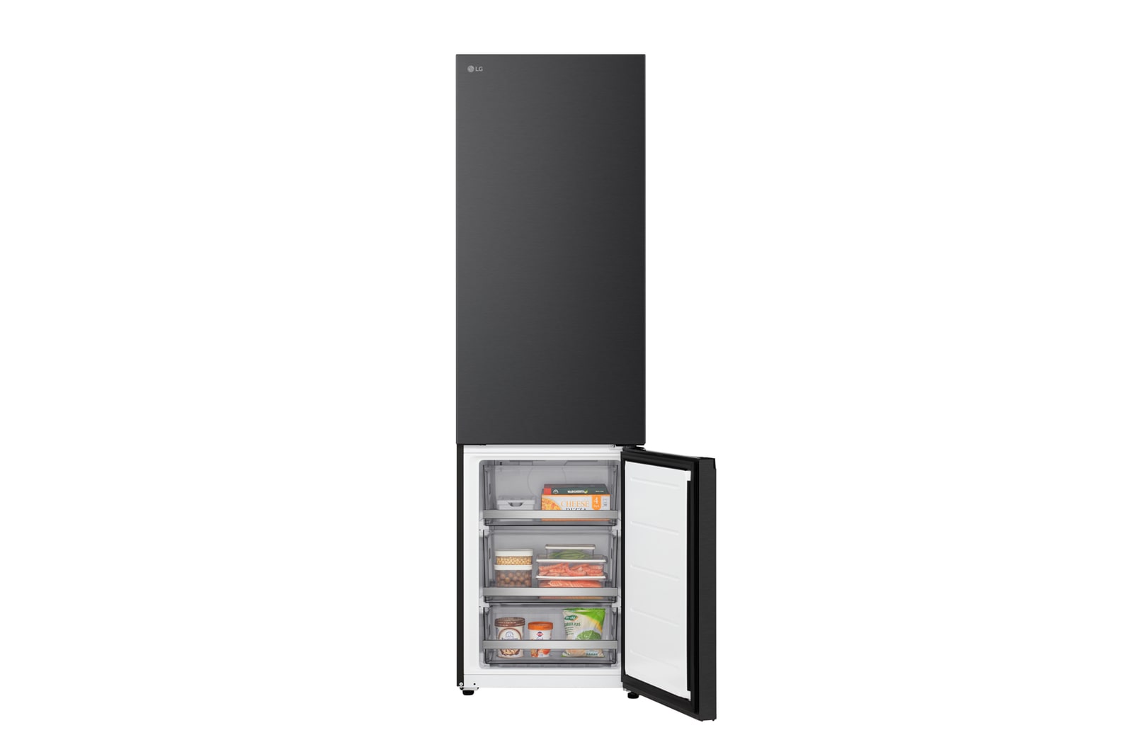 LG bottenfrys (GBBS726CPY) i infälld installation i hög varmt beige vägg med blåa pilar som pekar mot ovansidan och frontytorna