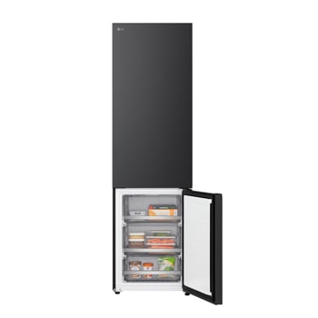 LG bottenfrys (GBBS726CPY) i infälld installation i hög varmt beige vägg med blåa pilar som pekar mot ovansidan och frontytorna