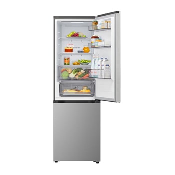 LG bottenfrys (GBBSJ11EPY) i vardagsrum med nattvy över stad med överlägg av AI-sparläge-grafik och diagram med energifluktuationer