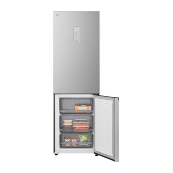 LG kyl/frys (GBBSJ11EPY) närbild av vinställ med fyra flaskor och en låda med makaroner med hylldesign förstorad i cirkulär bild