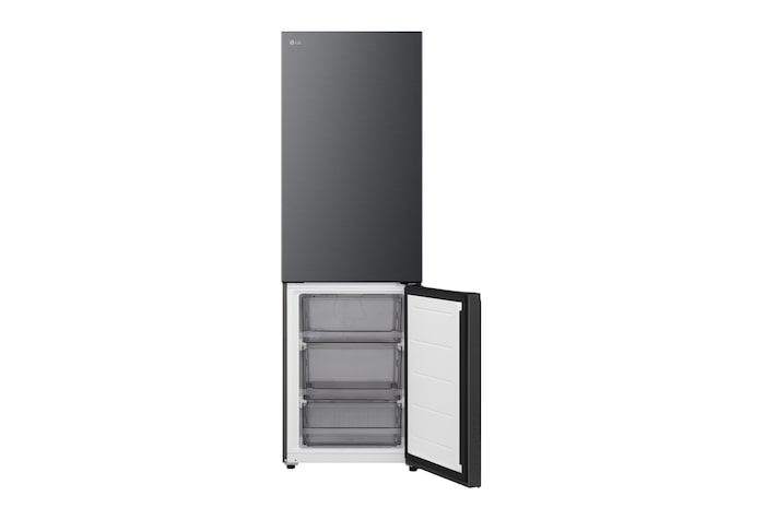 LG bottenfrys (GBBSJ1CCEP) i infälld installation i hög varmt beige vägg med blåa pilar som pekar mot ovansidan och frontytorna