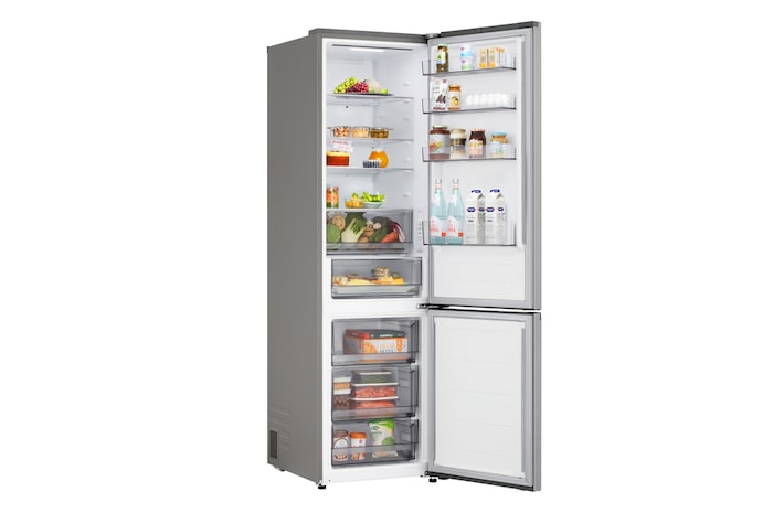 LG kyl/frys (GBBS726CPY) hylla markerad i blått med pilar upp och ner, höger bild visar en vikt hylla med två vattenflaskor