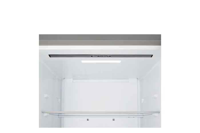 Vy från sidan framifrån av LG bottenfrys (GBBS726CPY) som visar utvändig design