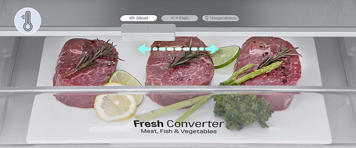 Närbild av FRESHConverter™, inställd på rätt temperatur för kött av alternativen för kött, fisk och grönsaker.