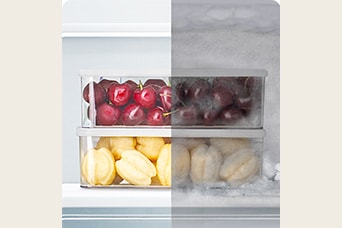 Jämförelse av frysta frukt utan och med frost.