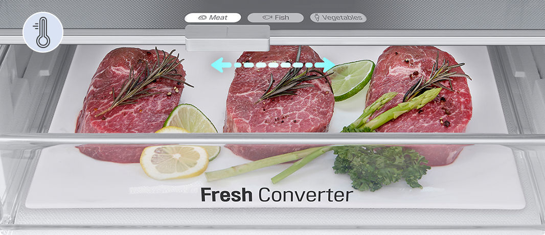 Närbild av FRESHConverter™, inställd på rätt temperatur för kött av alternativen för kött, fisk och grönsaker.