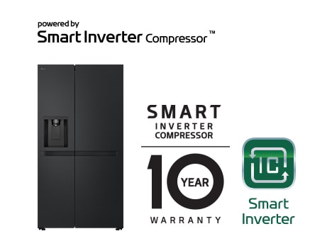 Produktbild med Smart Inverter Compressor™-logotyp och 10 års garantilogotyp.