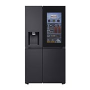 Vy framifrån av 628L InstaView Door in Door™ Side by Side (Essence Black), Energiklass D, Vatten/is via röranslutning, Smart Diagnosis™ med Wi-Fi GSXE90EVAD