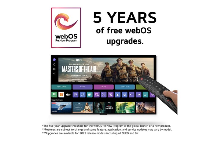 5 års kostnadsfria webOS-uppdateringar med webOS:s nya programlogotyp, med webOS-gränssnittsbild och ansvarsfriskrivningar.