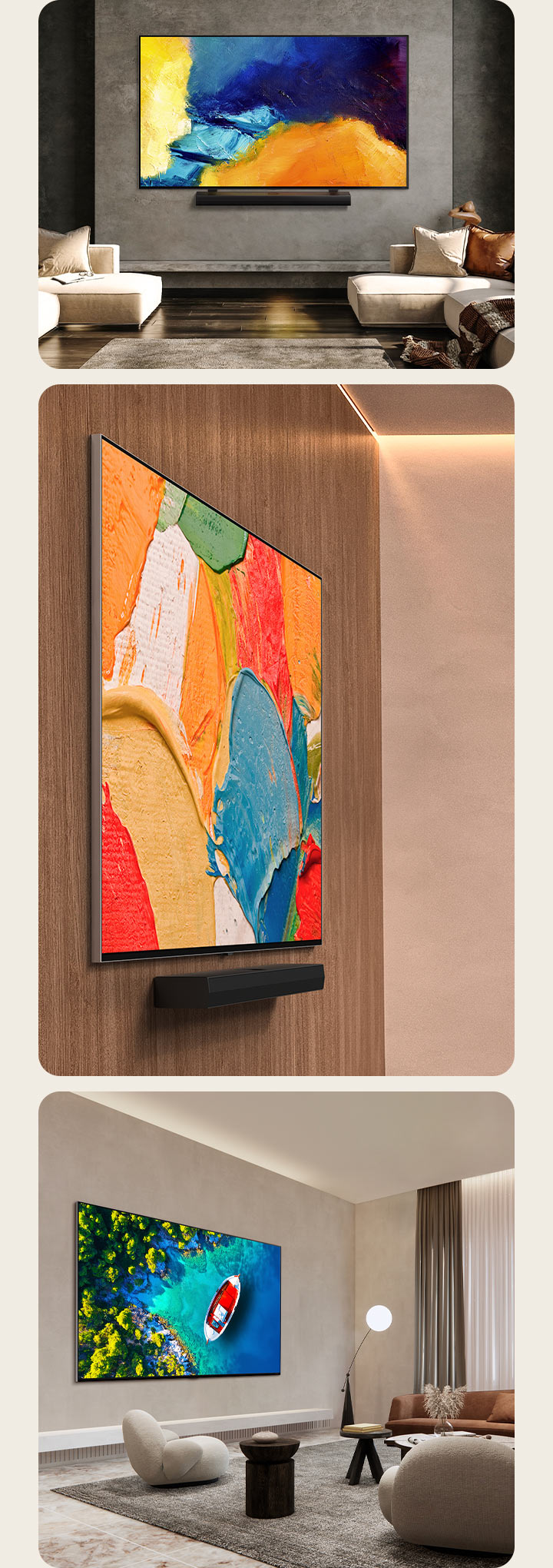 LG TV monterad platt mot träväggen med tillhörande soundbar. LG TV monterad med soundbar mot den grå väggen i ett möblerat vardagsrum med trägolv och färgglada konstverk på skärmen. Ett vinklat perspektiv på ett vardagsrum med marmorerat golv och LG TV monterad mot den beigefärgade väggen som visar ett tropiskt hav och en båt på det.