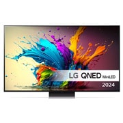 Framifrånvy av LG QNED MiniLED TV, QNED90 med text om LG QNED MiniLED, Quantum Dot med NanoCell och 2024 på skärmen