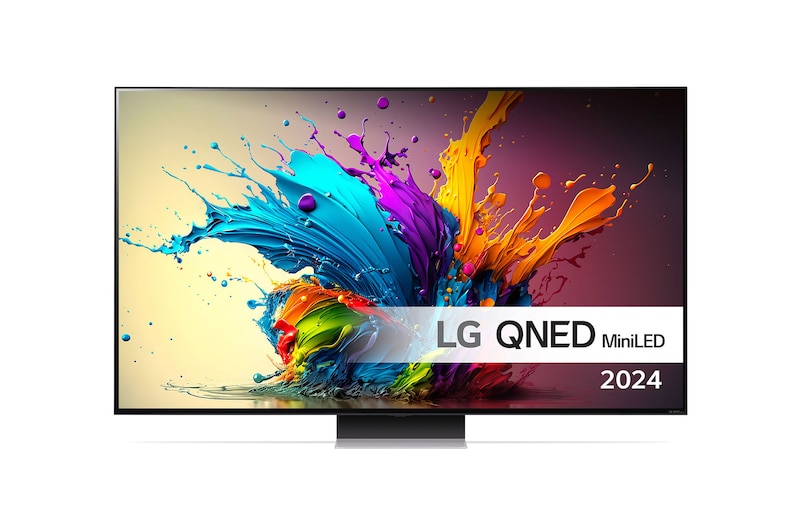 Framifrånvy av LG QNED MiniLED TV, QNED90 med text om LG QNED MiniLED, Quantum Dot med NanoCell och 2024 på skärmen