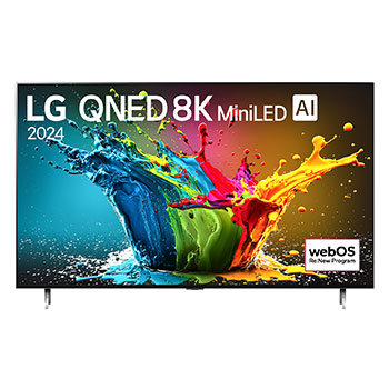 Front view of LG QNED TV, QNED99 with text of LG QNED 8K MiniLED, 2024, and webOS Re:New Program logo on screen