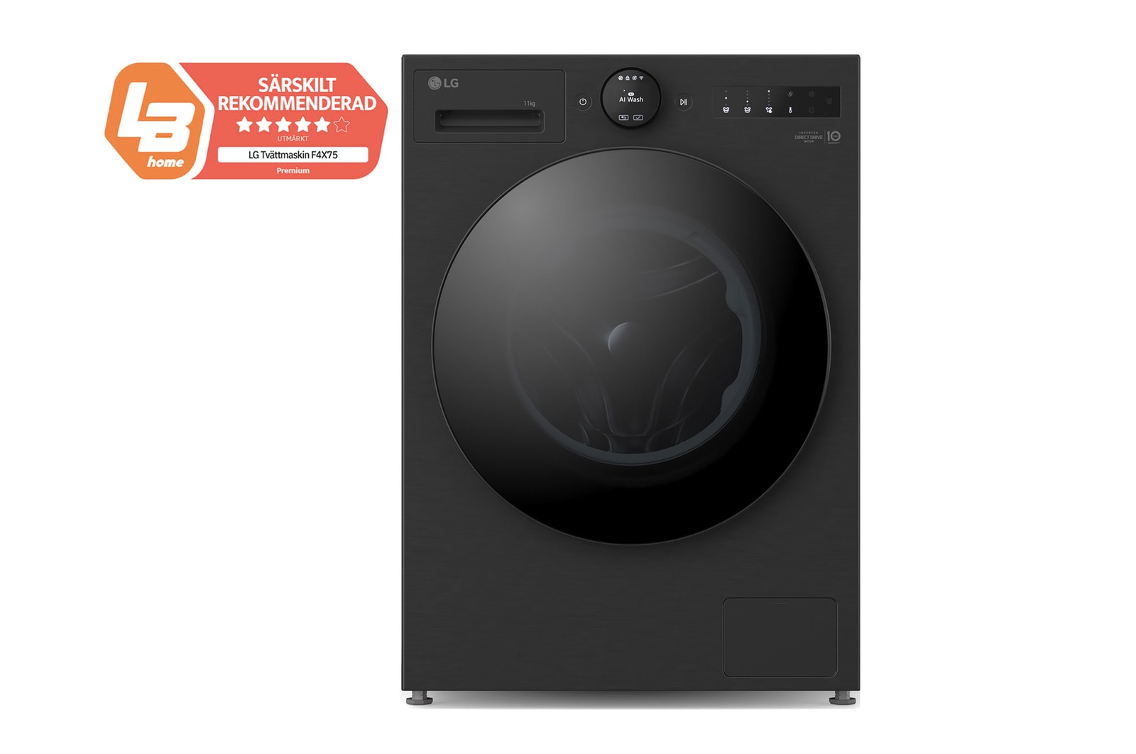 Vy framifrån av 11 kg Tvättmaskin(Essence Black) - Energiklass A, LCD-vred, Auto Dose, TurboWash360™, AI DD™, Smart Diagnosis™ med Wi-Fi F4X7511TBB