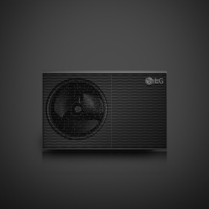 LG R290 Monobloc med en halo som lyser bakom produkten. Den grå utsidan visas mot en svart bakgrund.