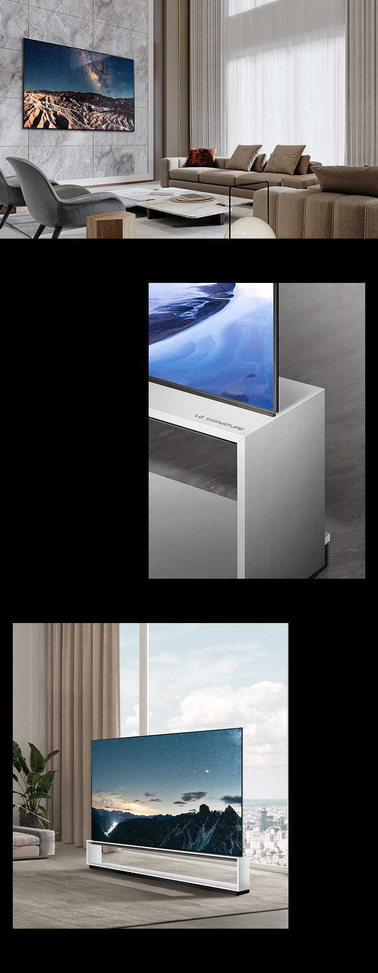 En bild av en LG OLED Z3:s Gallery Design på väggen i ett utsmyckat rum. En bild av LG OLED Z3 med golvstativ som står framför ett fönster med utsikt över en stad. En vinklad vy av LG OLED Z3:s hörn, kant, och golvstativ.