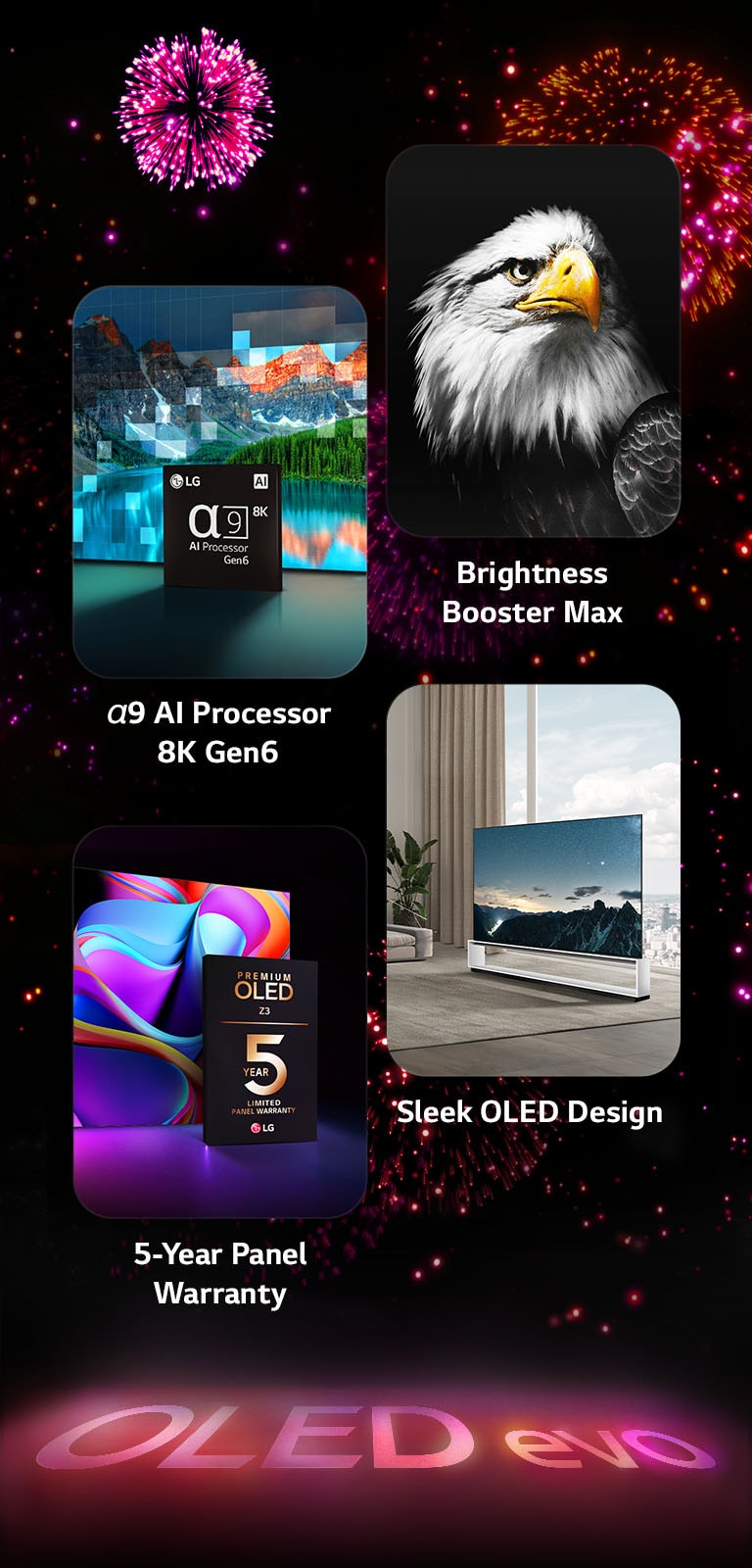 En bild som visar de viktigaste funktionerna hos LG OLED evo Z3 mot en svart bakgrund med rosa och lila fyrverkerier. Det är en rosa reflektion från fyrverkeriet på golvet, och där bildas orden “OLED evo.” I bilden finns en bild som föreställer a9 AI-processor 8K Gen6 med chipet som står framför en bild av en sjö, och bilden blir behandlad med processorns teknik. För att presentera Brightness Booster Max visas en fågel med djup kontrast och ljusa vita färger. En bild som visar den femåriga panelgarantin innehåller logotypen för Premium OLED Z3-garantin med skärmen i bakgrunden. En bild som presenterar den smala och eleganta OLED-designen visar en golvmonterad LG OLED evo Z3 framför ett stort fönster med utsikt över en stad, i ett rent, minimalistiskt vardagsrum.